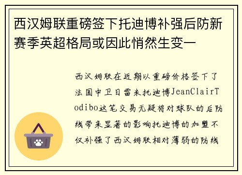 西汉姆联重磅签下托迪博补强后防新赛季英超格局或因此悄然生变一 西汉姆联重磅签下托迪博补强后防新赛季英超格局或因此悄然生变一